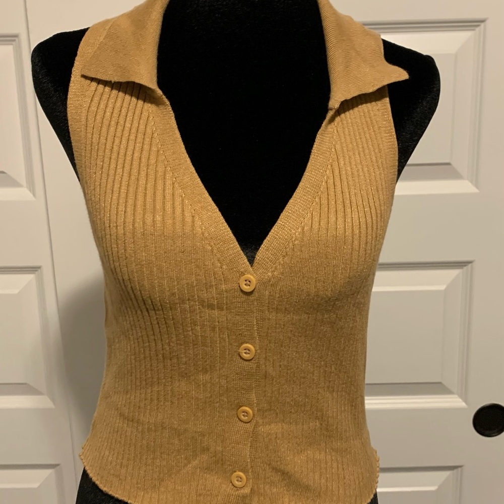 Collared V-Neck Ribbed Button-Front Sweater Vest in Camel